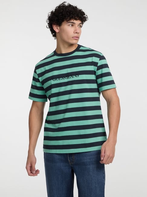 Guess Jeans Green Navy Cotton Regular Fit Striped T-Shirt