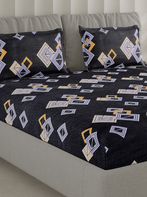 Monte Carlo F-Fashnik Black Polyester Printed 130 TC Double Bedsheet with 2 Pillow Covers-image-8
