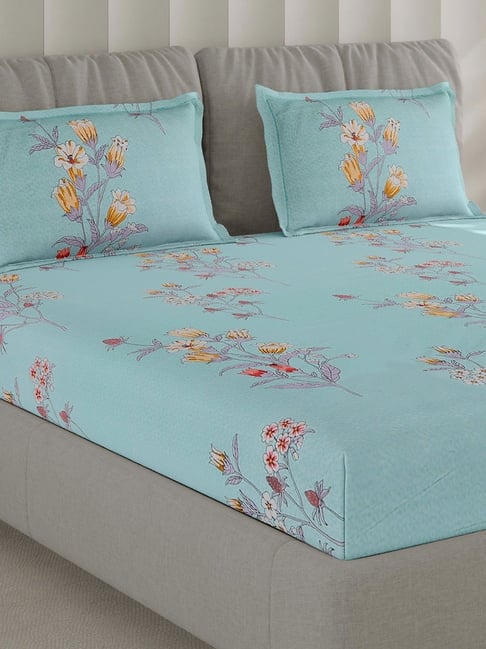 Monte Carlo F-Fashnik Truquoise Polyester Floral 130 TC Double Bedsheet with 2 Pillow Covers-picture-27