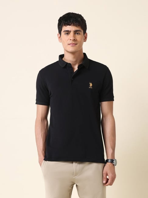 Polo Black Cotton Slim Fit Polo T-Shirt
