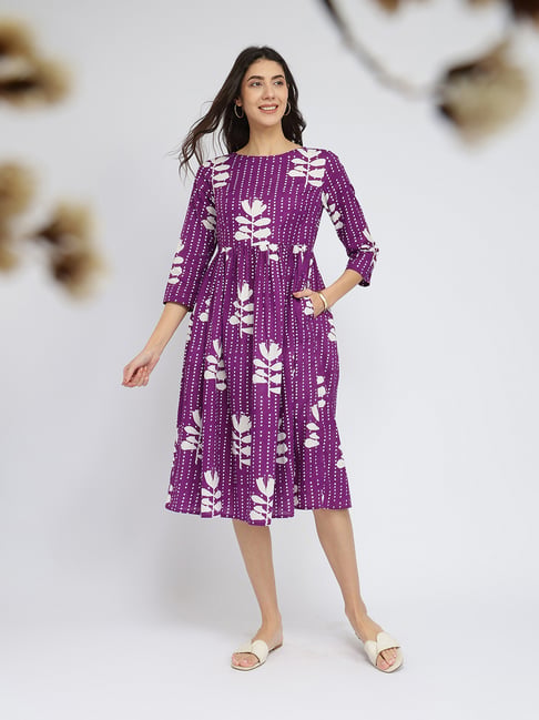 Pink Fort Purple Cotton Flare Fit Floral Casual Dress