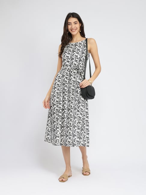 Pink Fort Black Cotton A-Line Floral Casual Dress