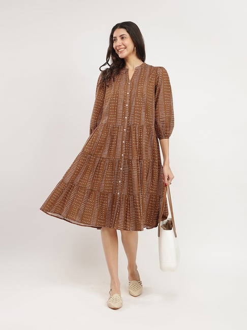 Pink Fort Tan Cotton A-Line Geometric Casual Dress