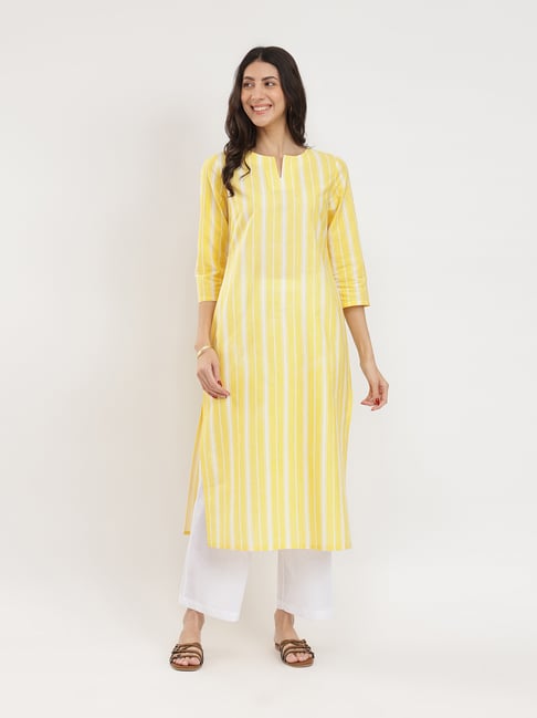 Pink Fort Yellow Cotton Straight Fit Striped Kurta-picture-22