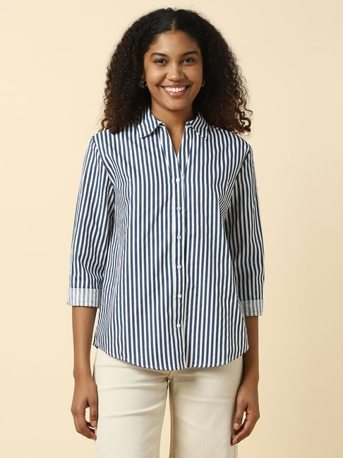 Allen Solly Women White Stripe Long Sleeves Shirt-picture-13