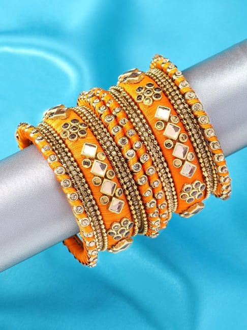 Peora Orange Silk Thread Fabric Brass & Kundan Chuda Set Gift for Women & Girls-picture-41
