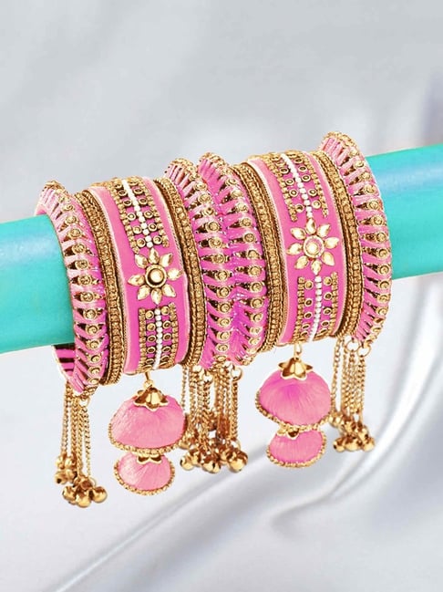 Peora Velvet Matching Kundan Floral Silk Thread Chura Bangle Set for Women (2.6 inch) (Pink)-picture-35