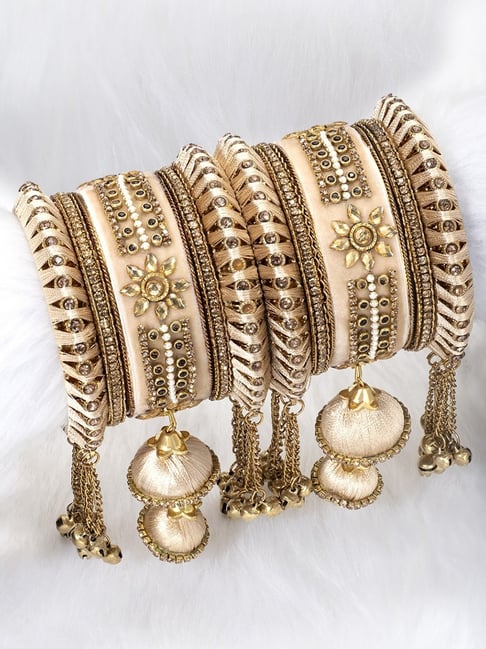 Peora Velvet Matching Kundan Floral Silk Thread Chura Bangle Set for Women (2.6 inch) (Champagne)-picture-46