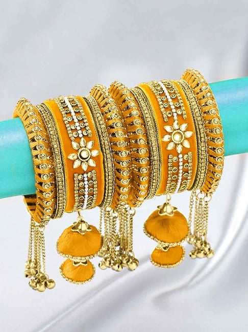 Peora Velvet Matching Kundan Floral Silk Thread Chura Bangle Set Gift for Women (2.6 inch) (Yellow)-picture-26