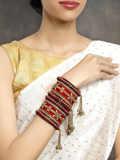 Peora Velvet Matching Kundan Floral Silk Thread Bridal Chuda Chura Bangle Set Jewellery for Women-picture-20