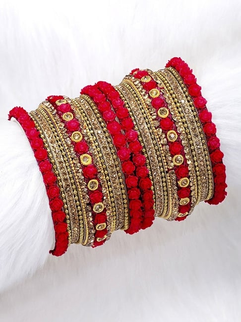 Peora Gold Plated Traditional Red Floral Rose Metal Chura Chuda Bangle Set For Women and Girls-picture-19