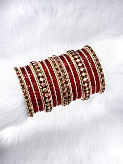 Peora Gold Plated Maroon Stone Chuda Chura Bangle Set Indian Traditional Bridal Jewellery for Women-picture-39