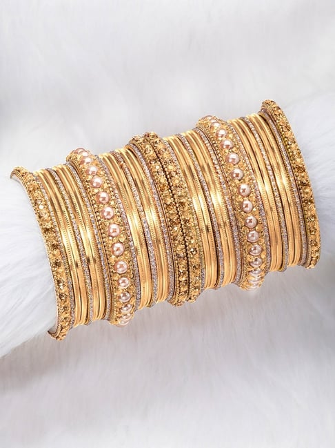 Peora Gold Plated Cream Metal Chura Chuda Bangle Set for Women Wedding Bridal Traditional Jewellery-picture-48