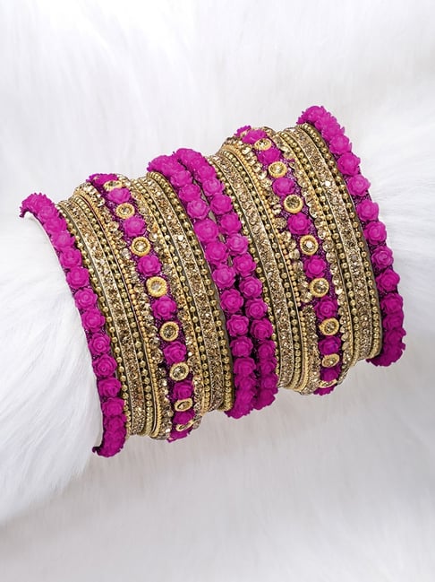 Peora Gold Plated Traditional Rani Pink Floral Rose Metal Chura Chuda Bangle Set for Women-picture-11