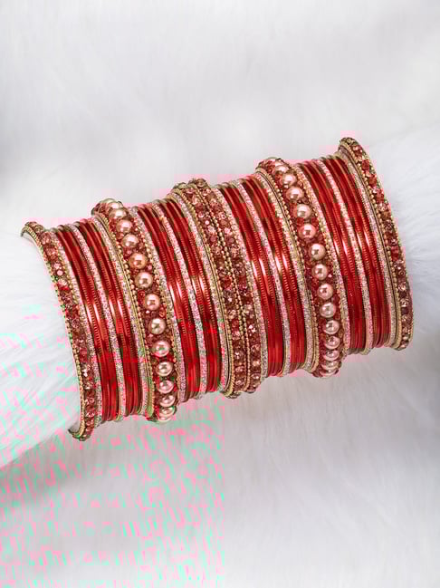 Peora Gold Plated Red Metal Chura Chuda Bangle Set for Women Wedding Bridal Traditional Jewellery-picture-18