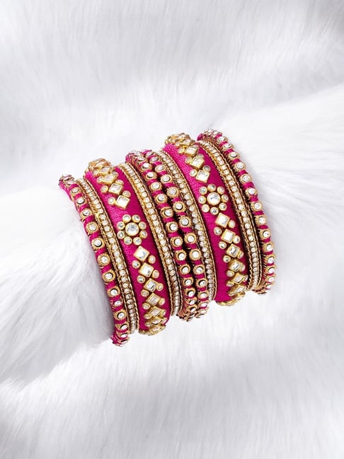 Peora Velvet Matching Fancy Silk Thread Rani Pink White Chuda/Chura Bangle Set(Size 2.6)-picture-11