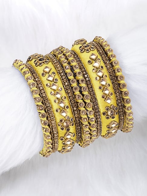 Peora Yellow Velvet Matching Kundan Silk Thread Chuda Bangle Set Traditional Fashion Women Jewellery-picture-31