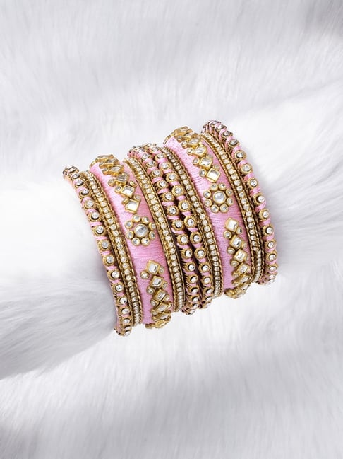 Peora Velvet Matching Fancy Silk Thread Pink White Chuda/Chura Bangle Set(Size 2.8)-picture-10