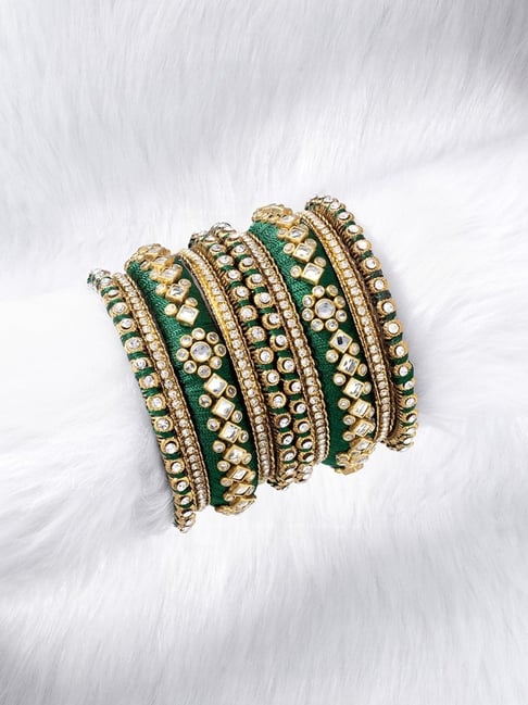 Peora Velvet Matching Fancy Silk Thread D Green White Chuda/Chura Bangle Set Women-picture-14