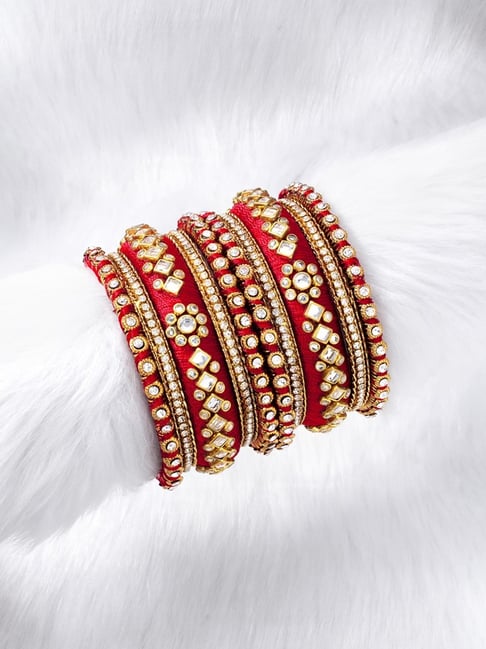 Peora Velvet Matching Fancy Silk Thread Red White Chuda/Chura Bangle Set(Size 2.8)-picture-13