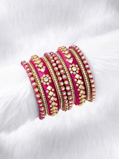 Peora Velvet Matching Fancy Silk Thread Rani Pink White Chuda/Chura Bangle Set(Size 2.8)-picture-12