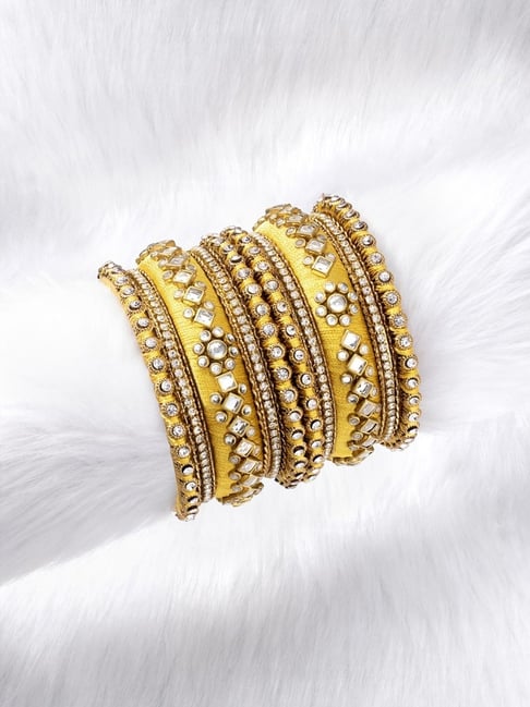 Peora Velvet Matching Fancy Silk Thread Yellow White Chuda/Chura Bangle Set Navratri Gift for Women-picture-15