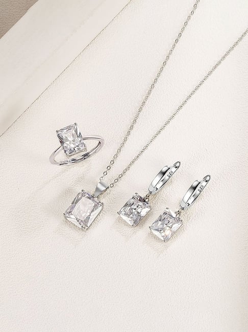 Peora Silver Plated CZ Studded Pendant Necklace Earrings and Ring Set Fashion Jewellery For Women-picture-43