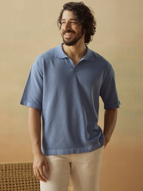 Andamen Blue Cotton Relaxed Fit Texture Polo T-Shirt-picture-21