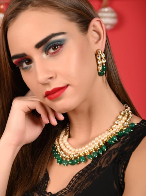 Odette Green Kundan-Pearl-Mani Necklace & Earring Set-picture-40