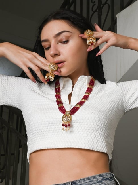 Odette Multicolor Ruby Color Statement Necklace & Earring Set-picture-26