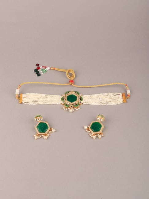 Odette Green-White Pearl-Kundan Necklace & Earring Set-picture-22