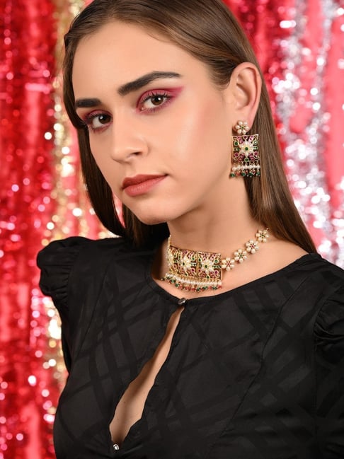 Odette Red-Green Choker Necklace & Earring Set-picture-35