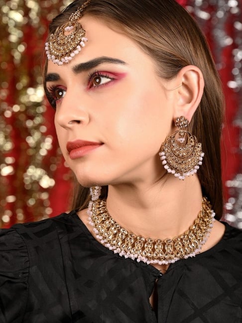 Odette Gold Lavender Pearl Necklace, Earring & MaangTikka Set-picture-23