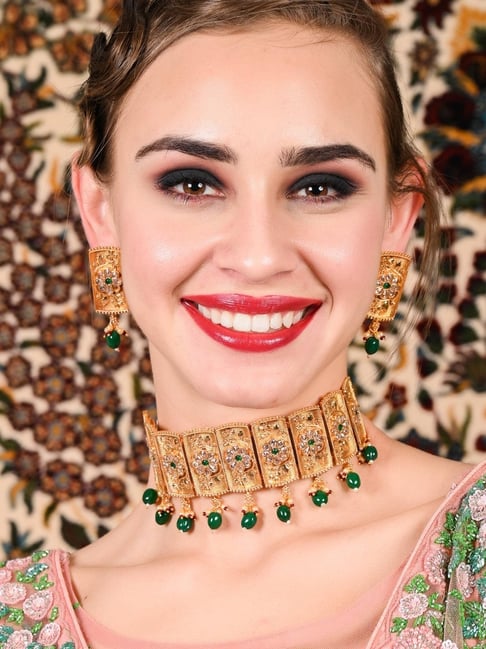 Odette Gold Green Mani Choker Necklace & Earring Set-picture-11