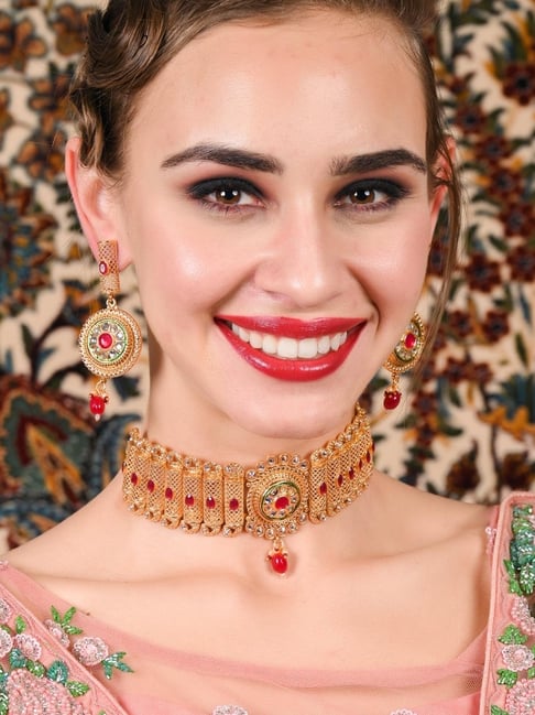 Odette Gold Red Mani Choker Necklace & Earring Set-picture-16