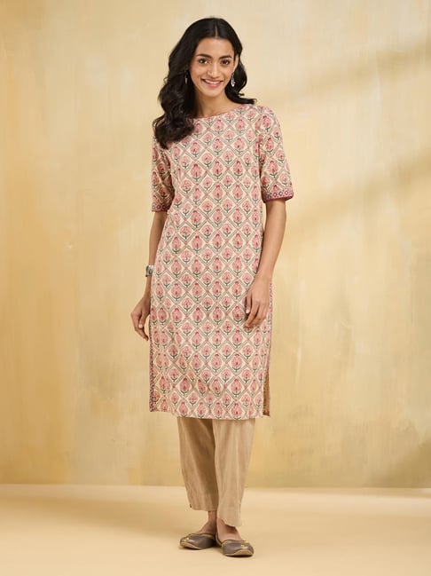 Fabindia Pink Printed Three-Quarter Sleeves Kurta-picture-38