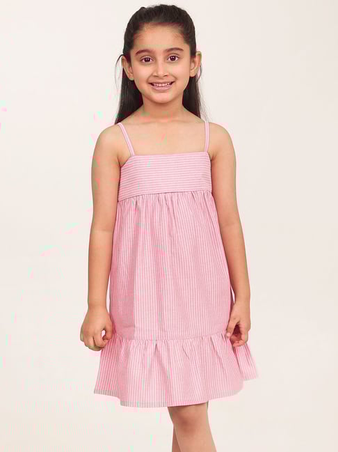Campana Girls Peach Cotton Striped Dress-picture-28