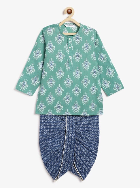 Campana Infant Boys Teal and Navy Blue Cotton Printed Kurta Set-picture-23