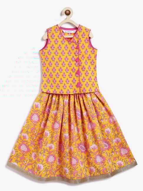 Campana Girls Yellow and Pink Cotton Floral Lehenga Choli-picture-37