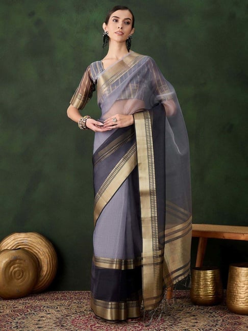 Odette Grey Saree with Unstitched Blouse-image-11