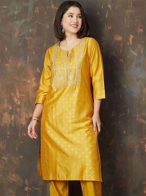 Melange By Lifestyle Mustard Regular Fit Embroidered Kurtas-picture-29