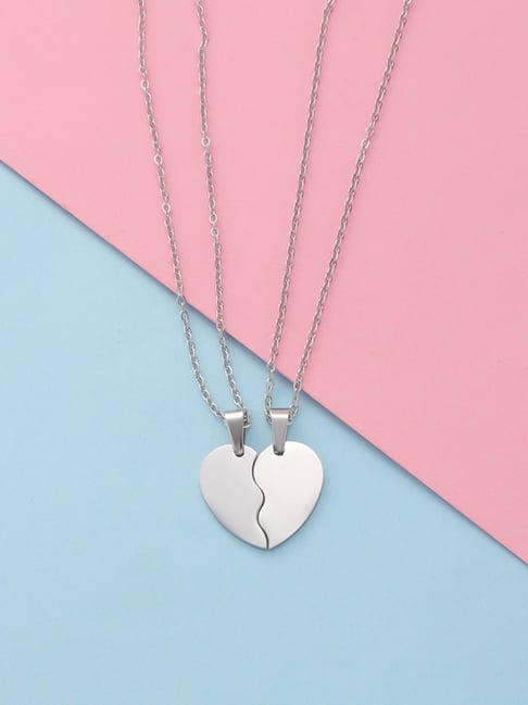 Peora Silver Plated Heart Shape Couple Pendant Chain Necklace Style Jewellery for Men & Women-picture-42