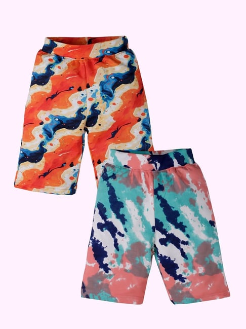 Kiddopanti Multicolour, Sea Blue & Coral Girls All Over Printed Knee Length Cycling Shorts Pack Of 2-picture-45