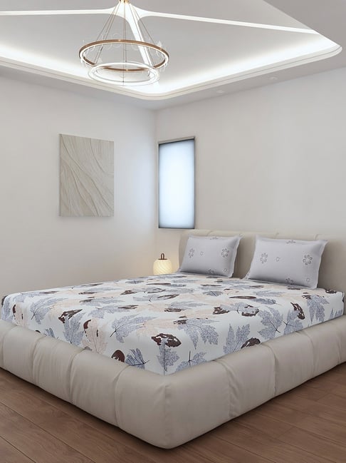 Monte Carlo Stanley Light Grey Polyester Printed 130 GSM King Fitted Bedsheet with 2 x Pillow Covers-picture-48