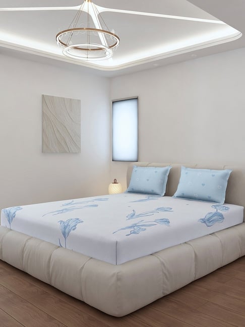 Monte Carlo Stanley Light Blue Polyester Printed 130 GSM King Fitted Bedsheet with 2 x Pillow Covers-picture-40