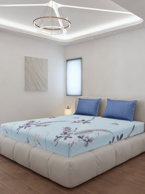 Monte Carlo Stanley Light Blue Polyester Printed 130 GSM King Fitted Bedsheet with 2 x Pillow Covers-picture-43