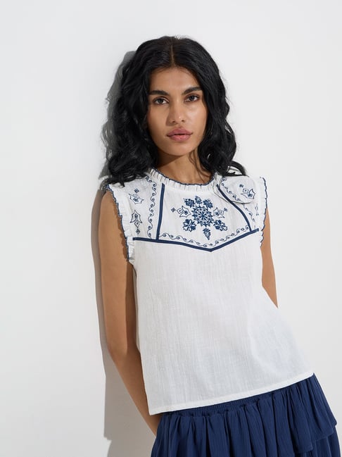 Bombay Paisley by Westside Ivory Embroidered Cotton-Blend Top