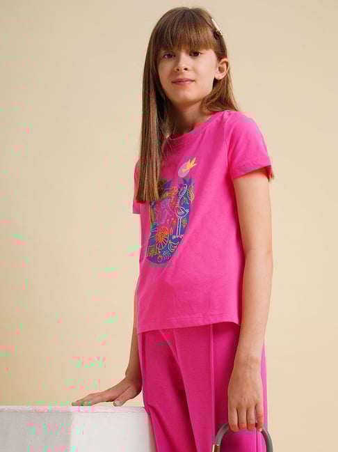 Vero Moda Girls Hot Pink Graphic Print Boxy Pink T-shirt