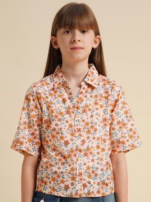 Vero Moda Girls Cloud Dancer Floarl Print Regular Light Brown Shirt