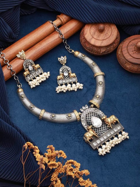 Saraf RS Jewellery Dual Tone Pearl Beaded Hasli Deer Motif Classic Necklace & Earring Set